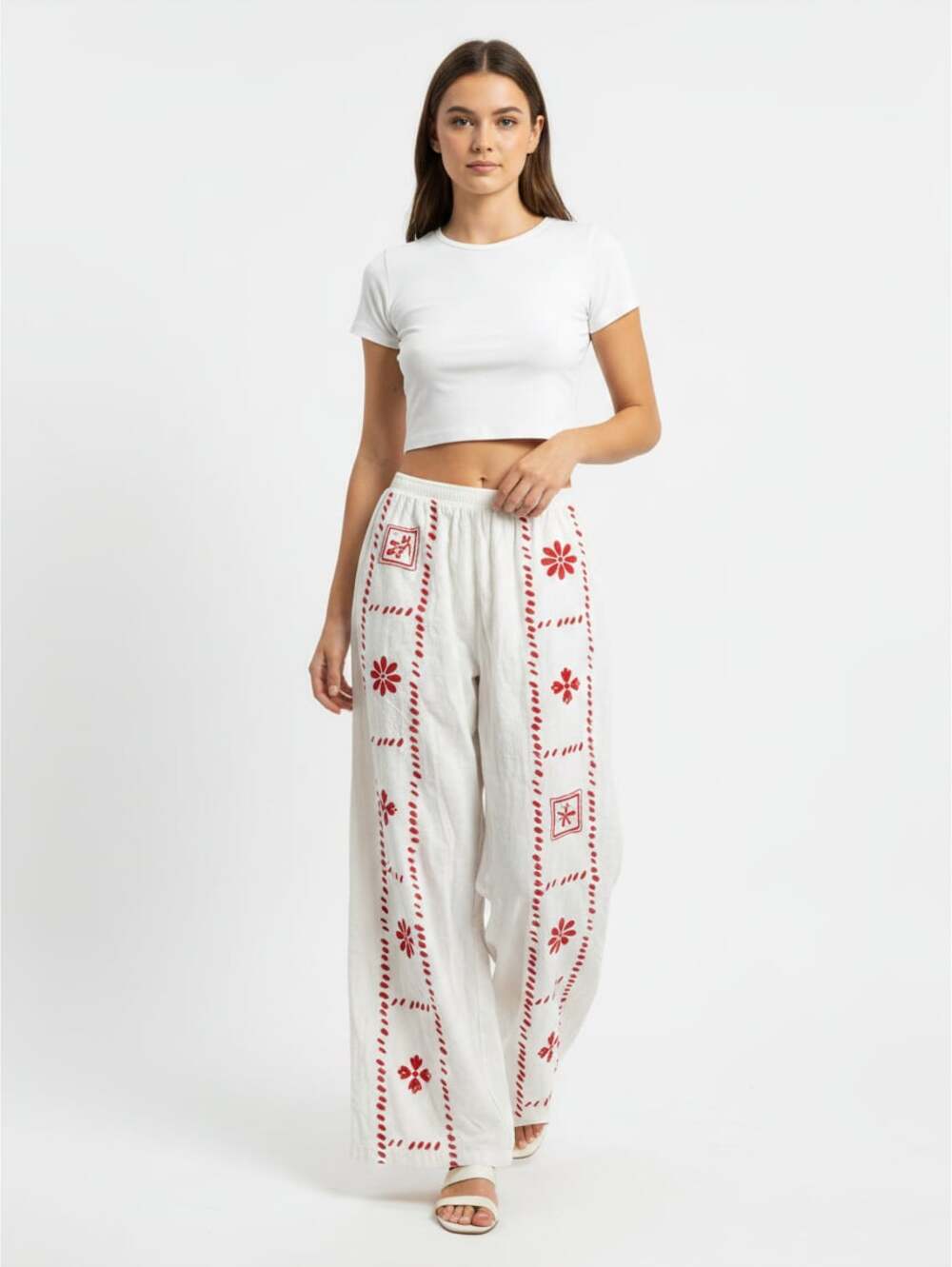 Princess Polly Grazia Pants Cream Red Embroidered Wide Leg Cotton Linen Size 4